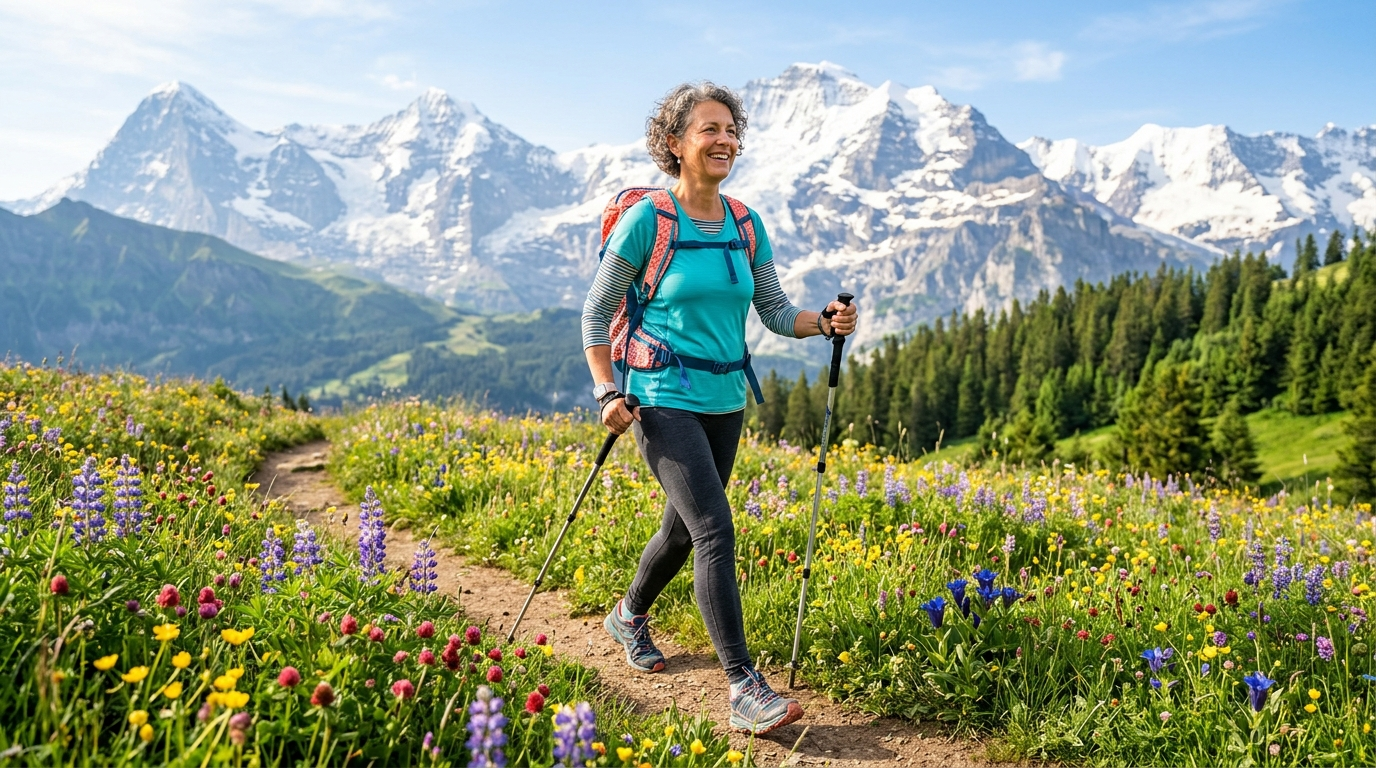 Frau beim Morgenspaziergang auf der Alpenwiese
