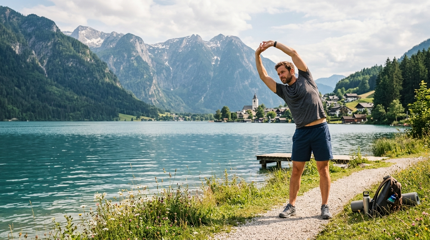 Mann beim Dehnen an einem Bergsee