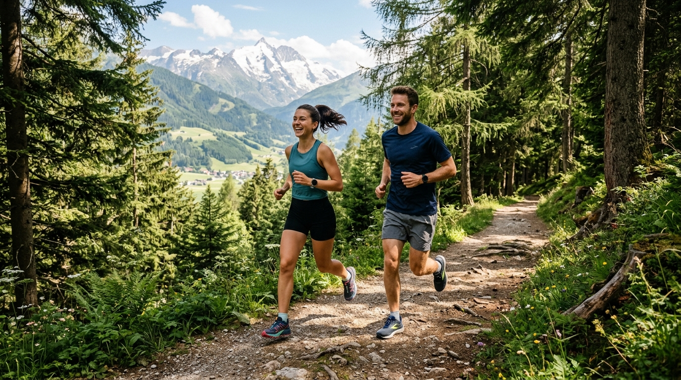 Paar beim Joggen im Wald in alpiner Landschaft